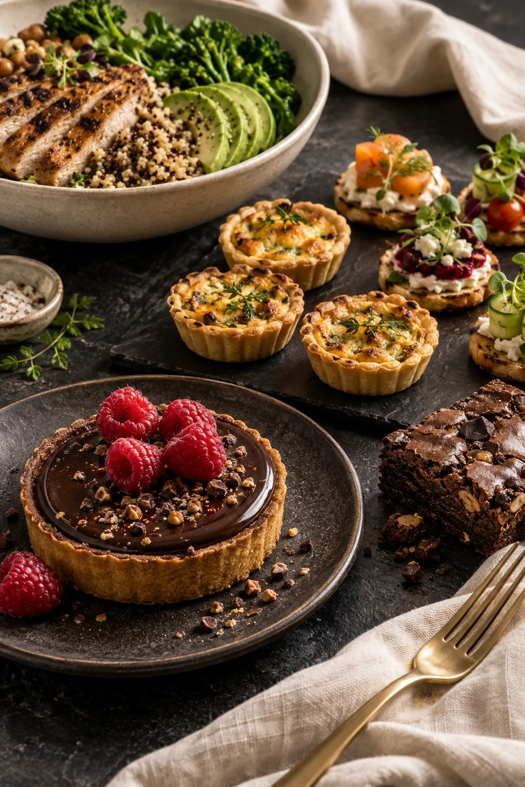An illustrative spread of chocolate tart, brownies, savoury tartlets and a colourful chicken bowl